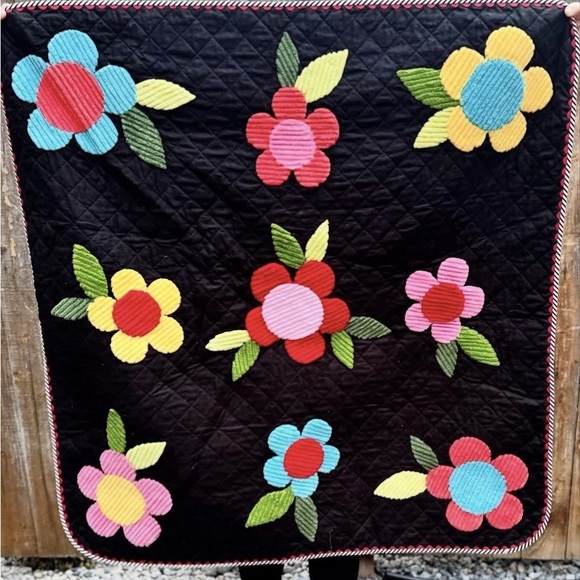 Handmade Other - Chenille Cotton Posy Flowers Baby Quilt Black Polka Dots Cottage Core Home Decor
